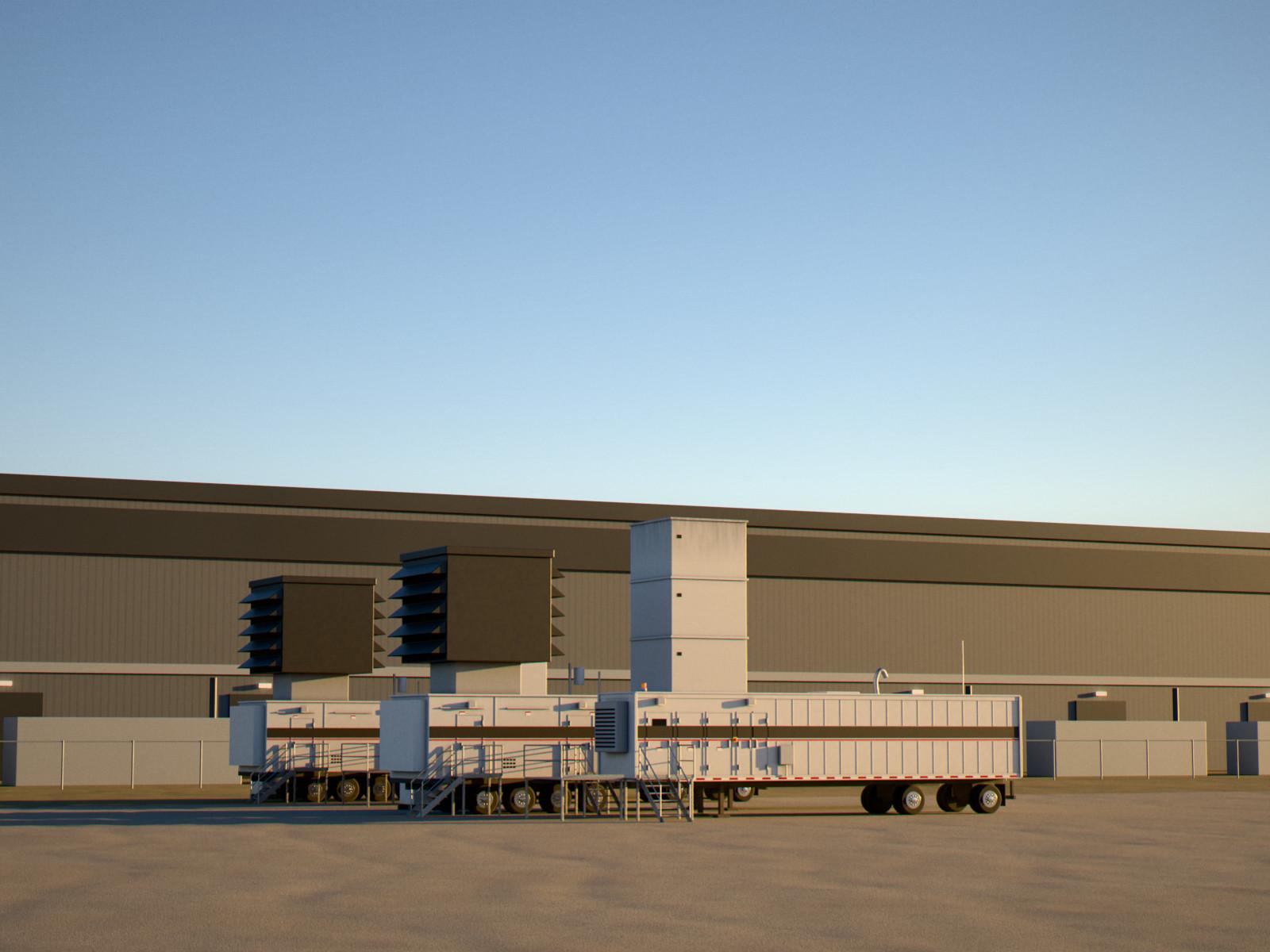 Two 25 MW mobile gas turbine units supplying a data center campus at sunset