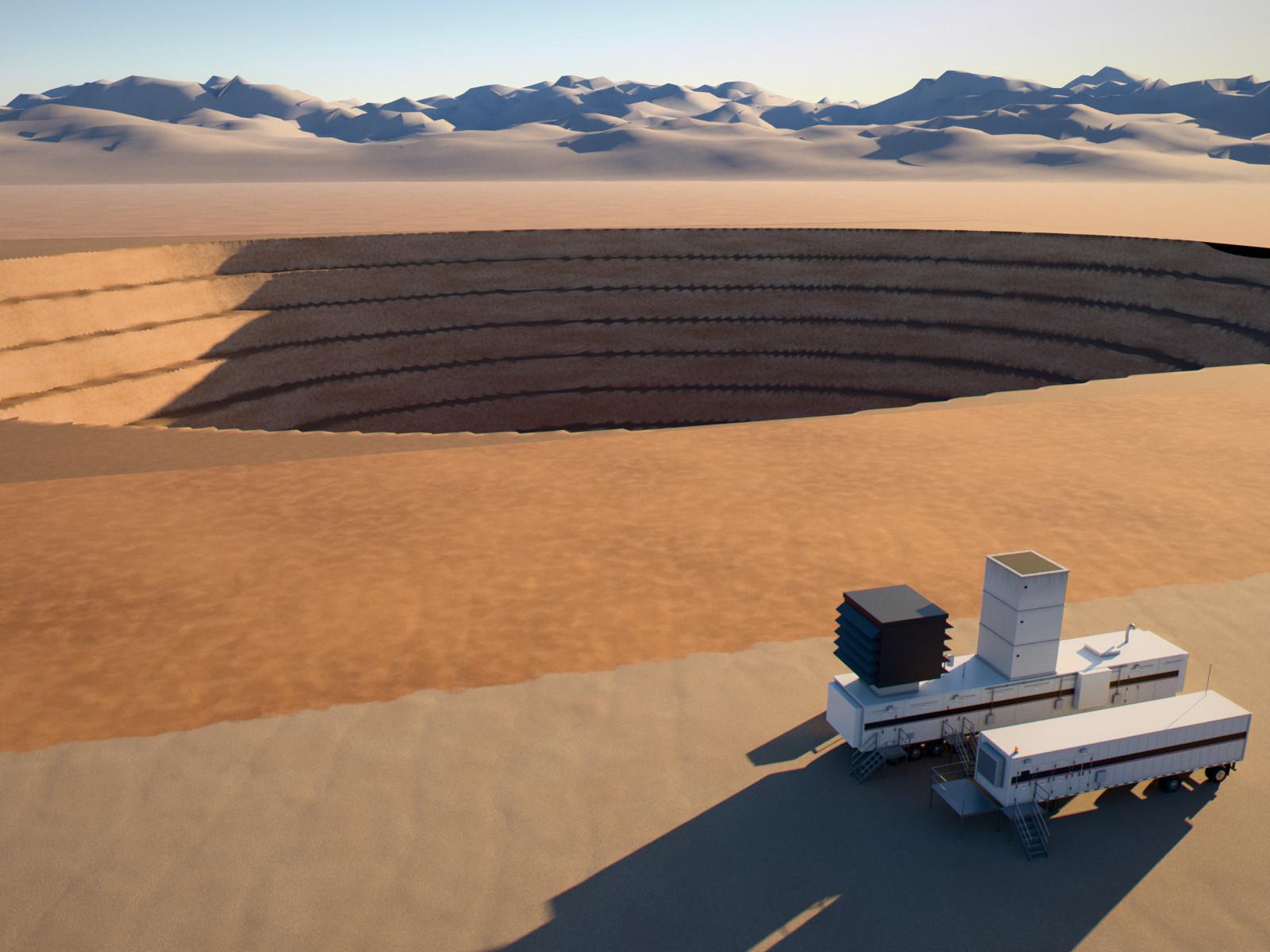 A 25 MW mobile gas turbine unit on the rim of an open-pit mine, golden hour