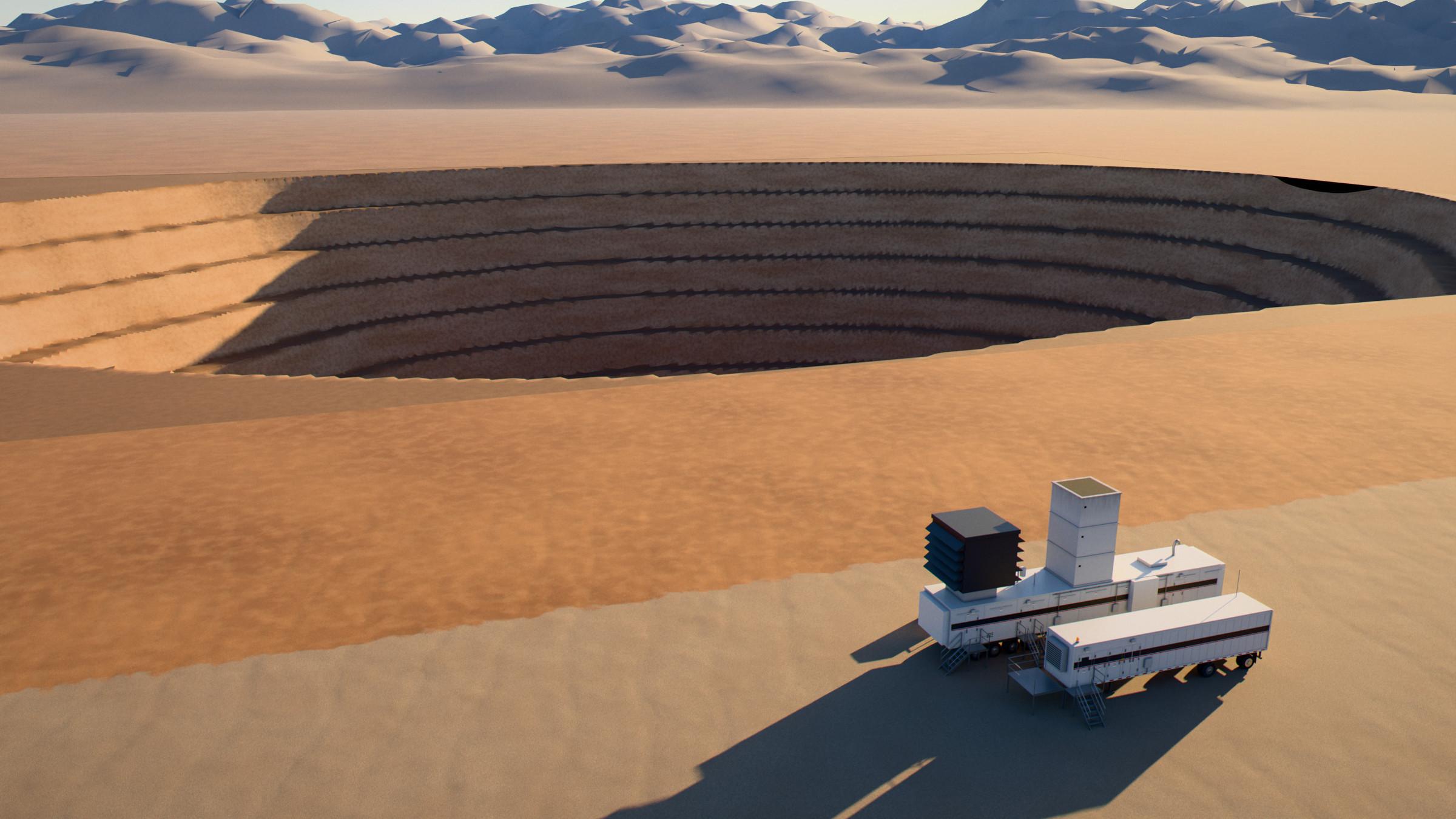 A 25 MW mobile gas turbine unit on the rim of an open-pit mine, golden hour