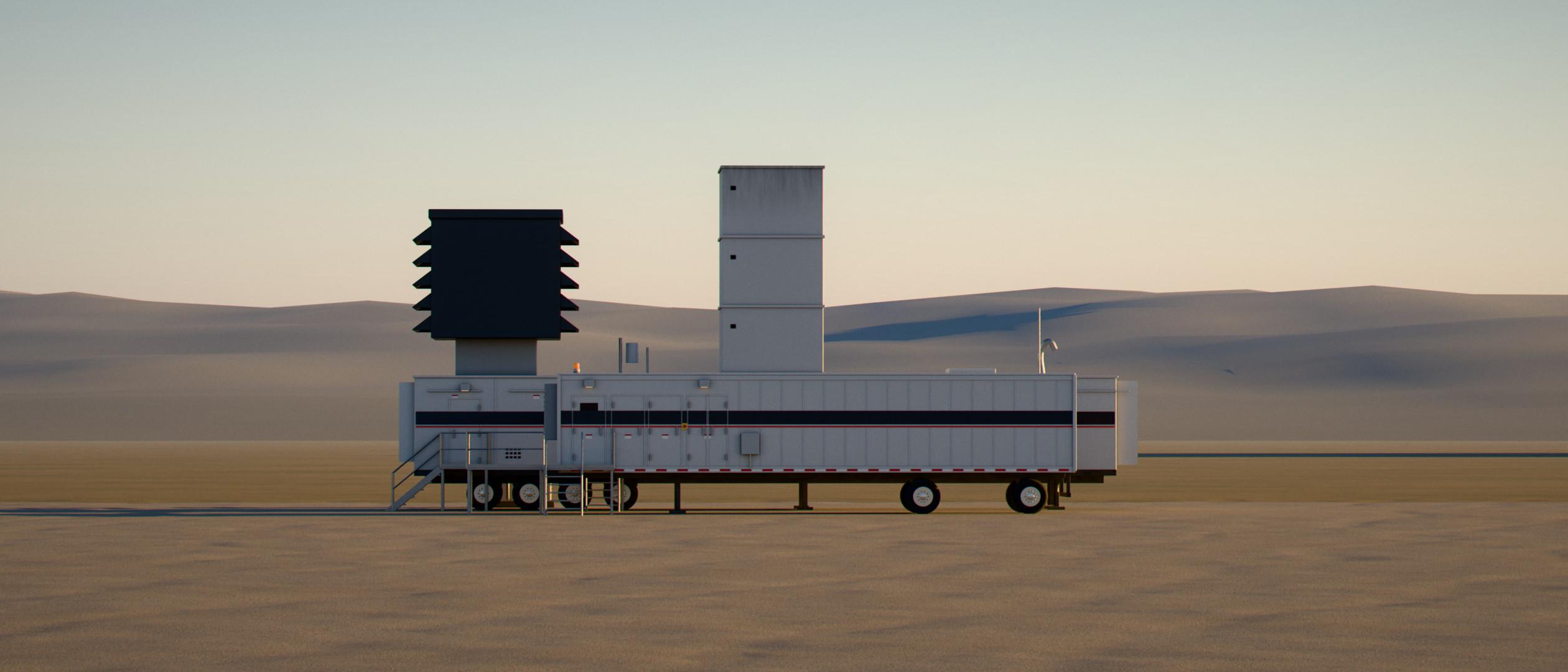Vue latérale d’une unité mobile de turbine à gaz de 25 MW : remorque de puissance avec caisson de filtration et cheminée, remorque de contrôle au premier plan